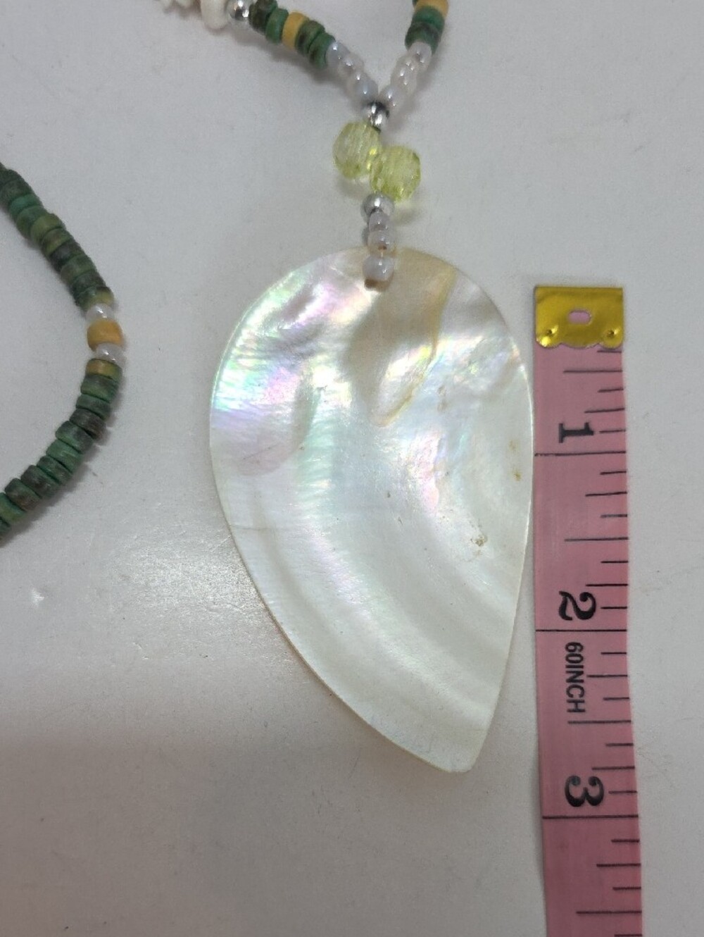 Hand Crafted Green, White and Beige Leaf Pendant Necklace - Picture 8 of 10